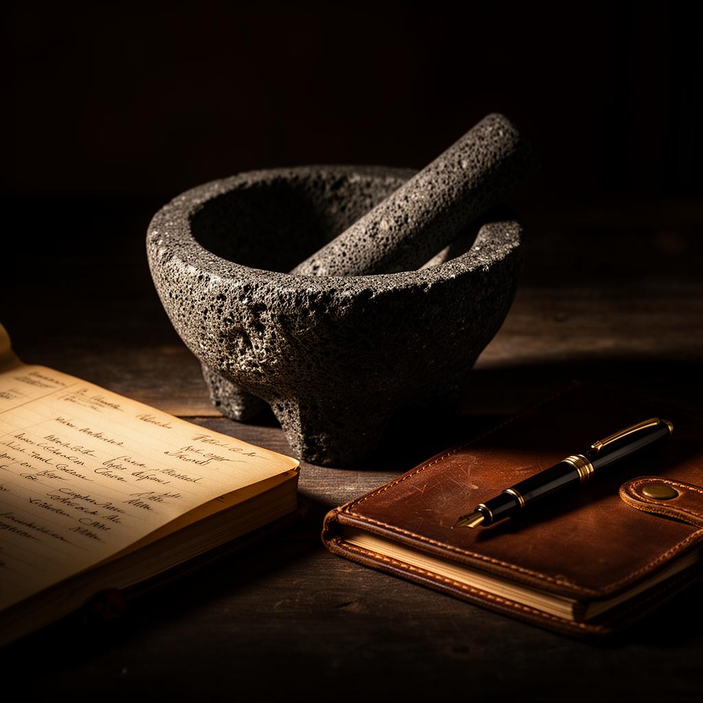 Volcanic stone molcajete beside a leather notebook on a shadowed preparation table