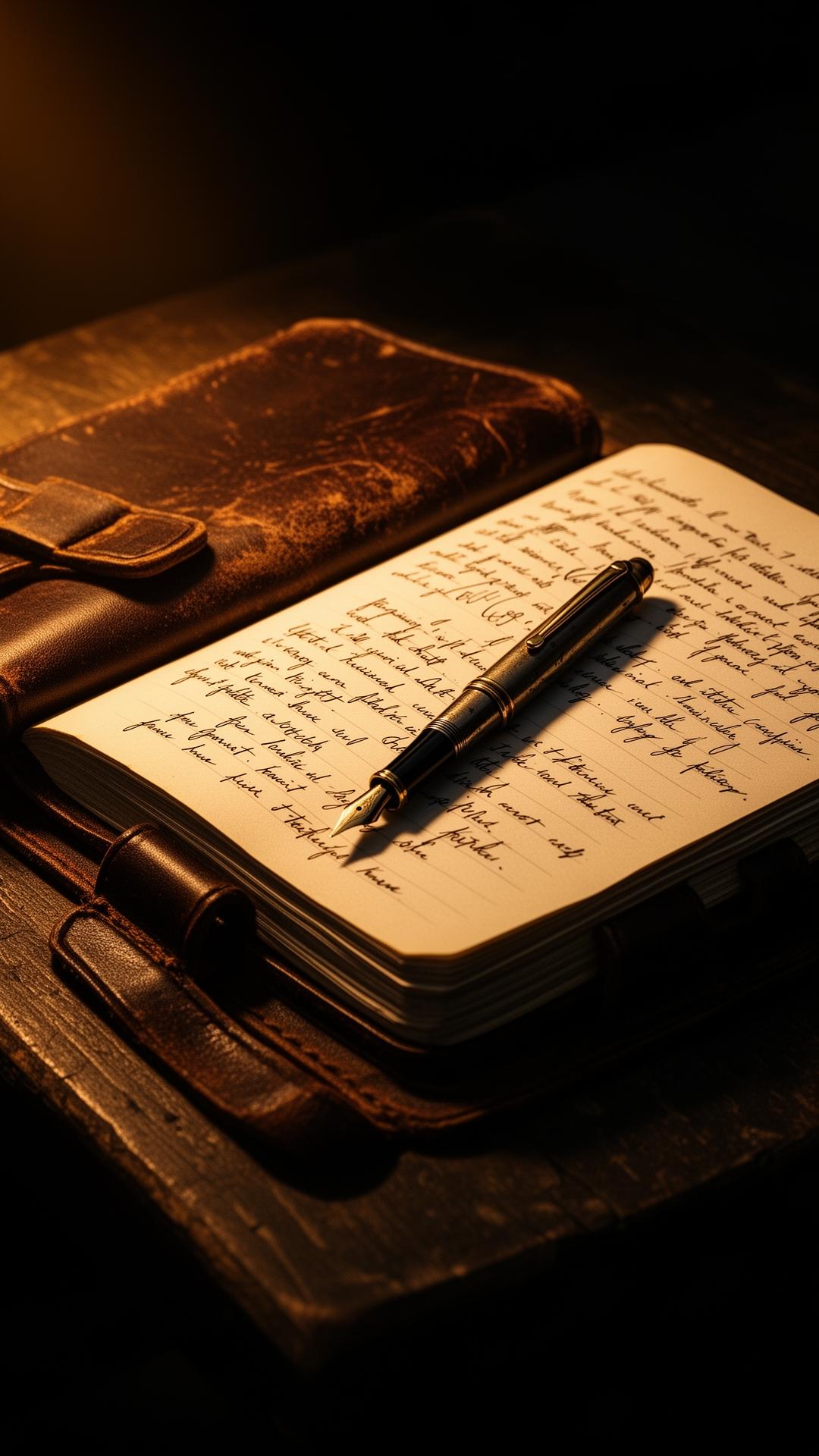 Leather notebook open with handwritten ink notes and a fountain pen